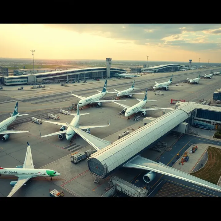 An aerial view of Nigeria’s busiest international airport with multiple aircraft parked and taxiing