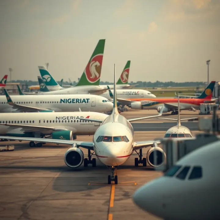 Various commercial airplanes from major Nigerian airlines stationed at a modern airport terminal
