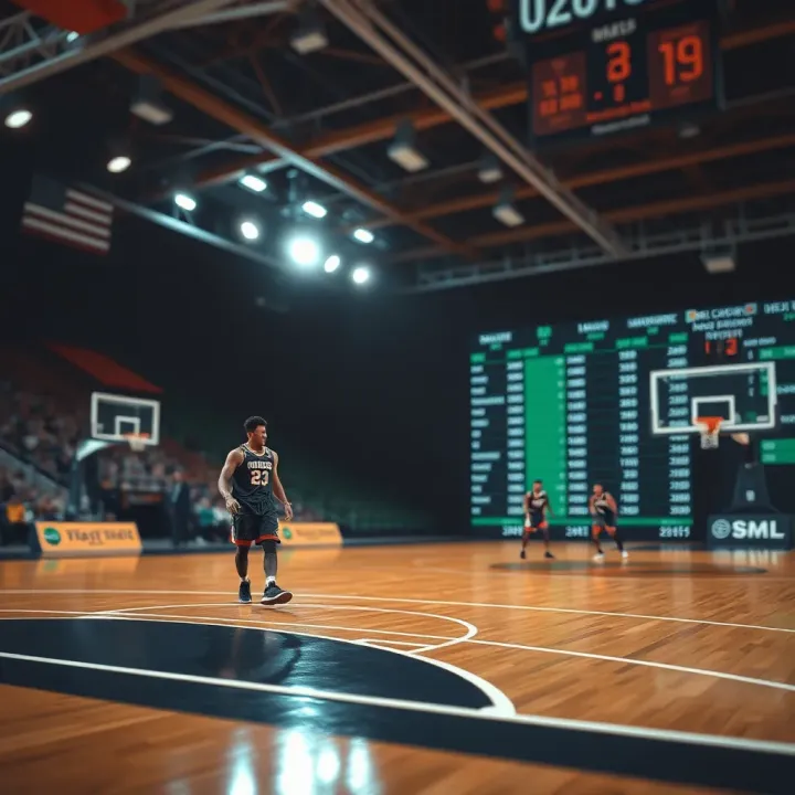 Analyzing Team Performance in Basketball Score Predictions Basketball court with statistical data overlayed showing team performance analysis