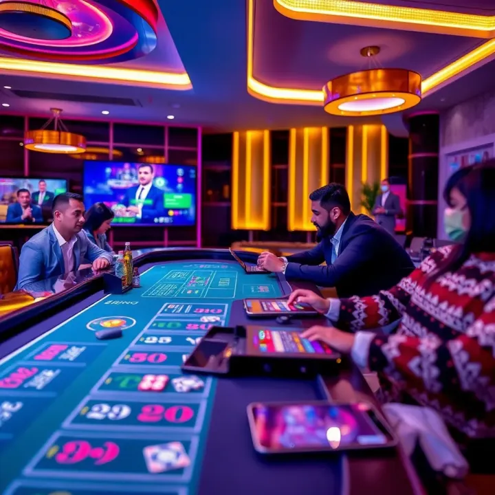 Online live casino table with dealer and players interacting through digital devices