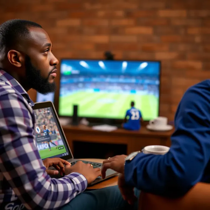 Football fan using laptop to stream Chelsea Bet match in Nigeria