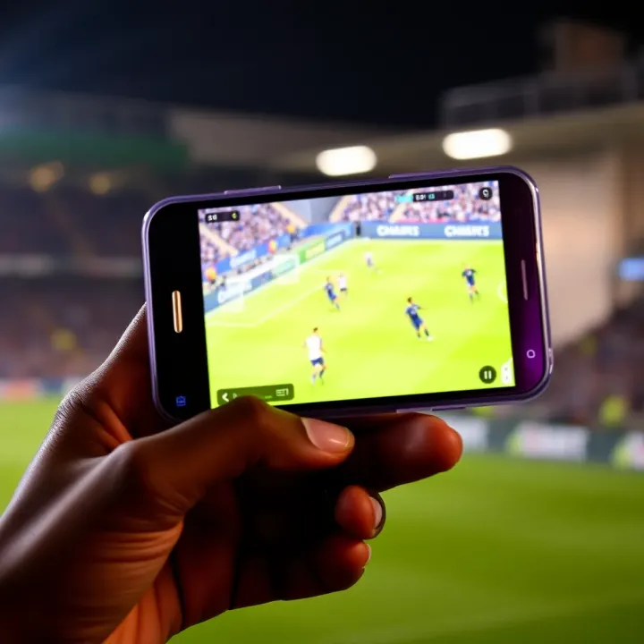 Mobile phone displaying Chelsea Bet football match with streaming app interface