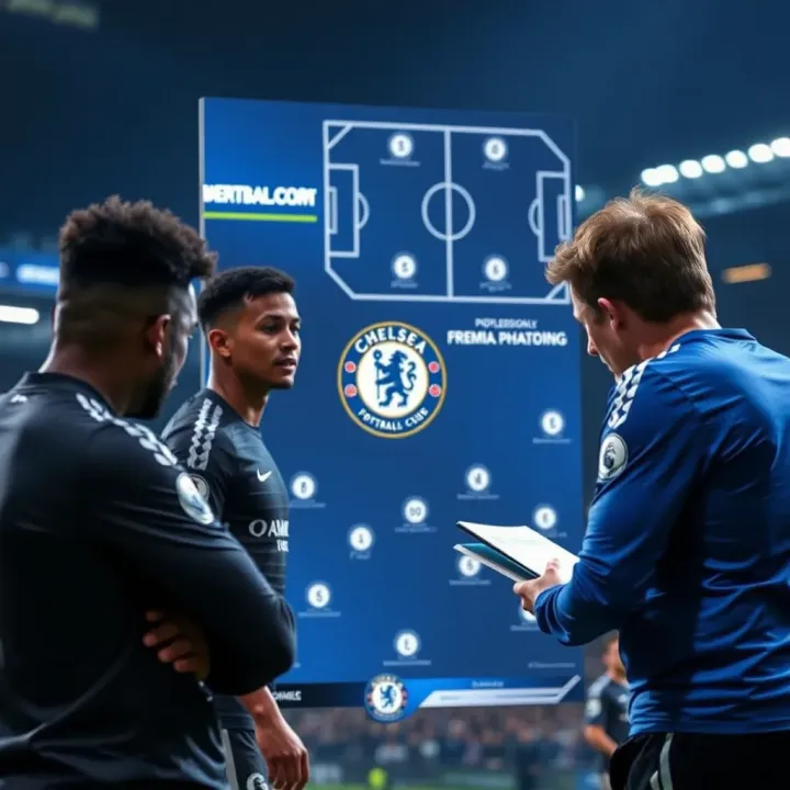Chelsea football team preparing for Premier League match with tactical board