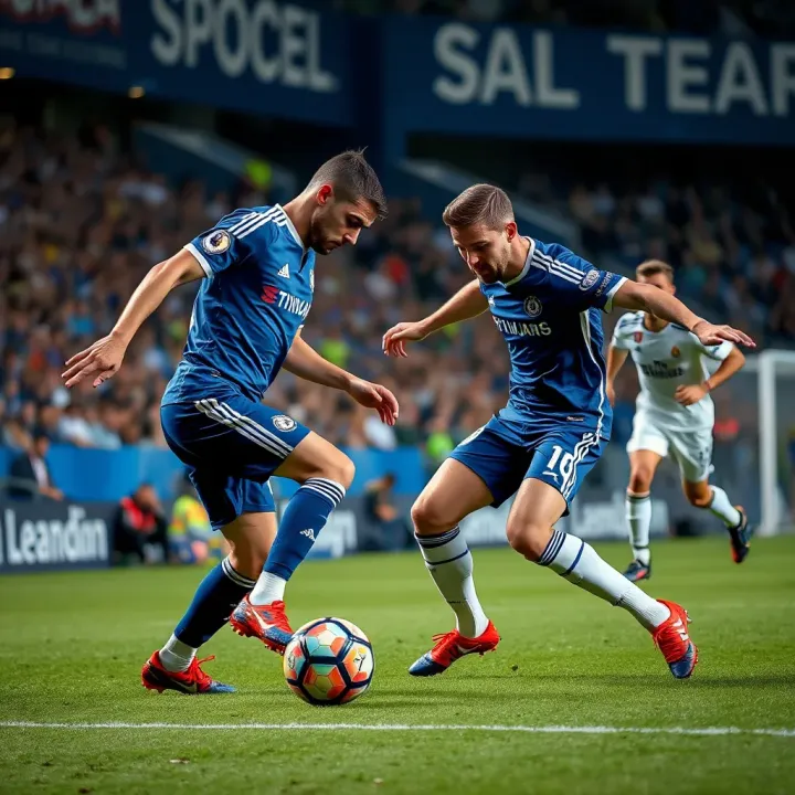 Chelsea and Real Madrid players contesting for the ball during a high-stakes football match