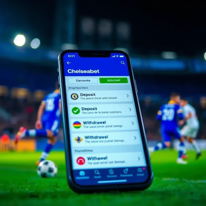 Illustration of mobile phone showing deposit and withdrawal options on Chelseabet app