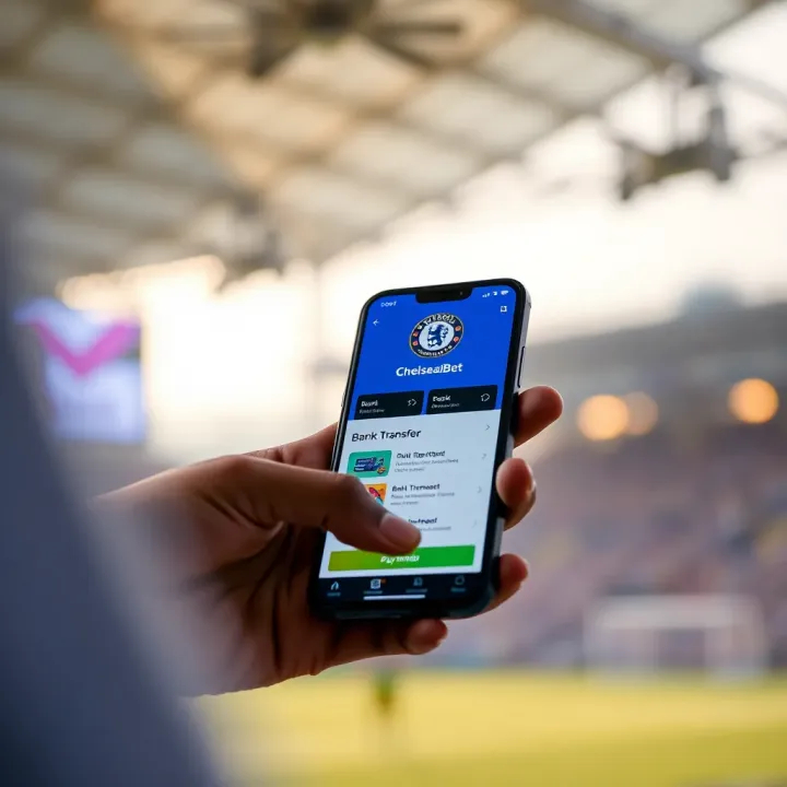 Mobile phone displaying ChelseaBet app with bank transfer payment option