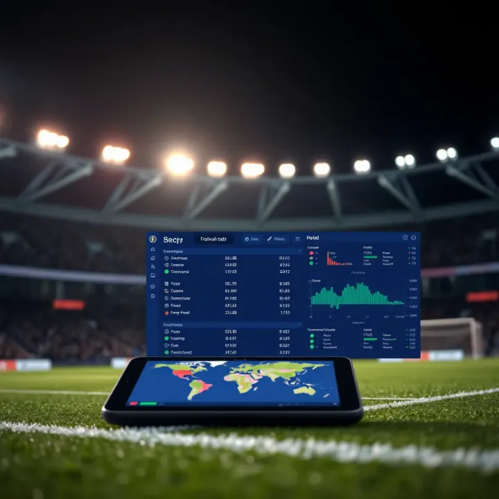 Football field with strategic betting odds and charts on a digital device
