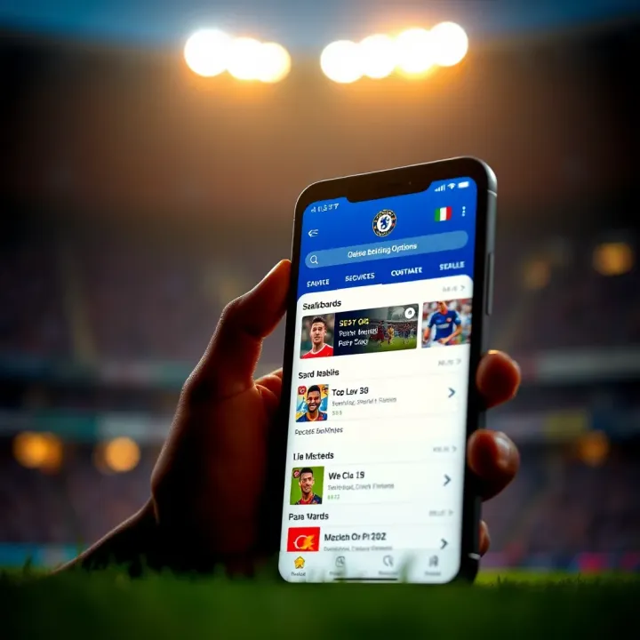 Mobile phone displaying ChelseaBet International app dashboard with betting options and live matches
