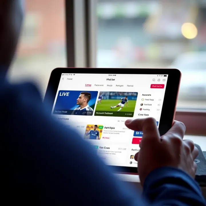 iPad screen showing Chelseabet app interface with live betting options and account dashboard