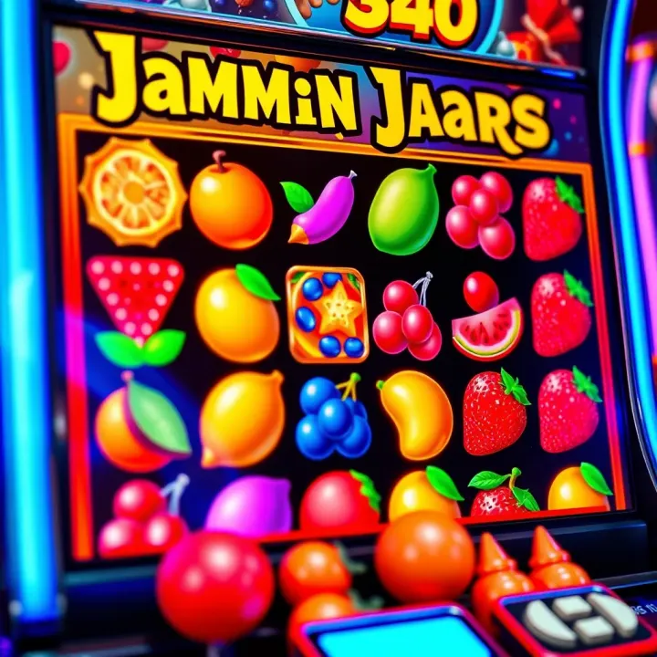 Bright and colorful Jammin Jars slot game screen showing clusters of fruits during gameplay