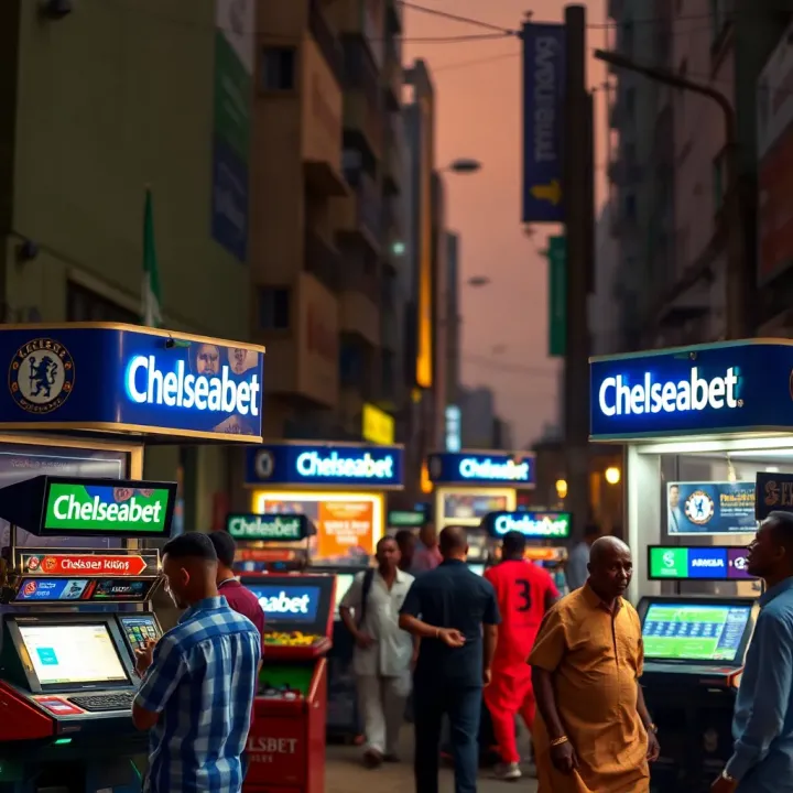A vibrant street in Kano featuring prominent Chelseabet kiosks with colorful branding and customers engaging with betting terminals