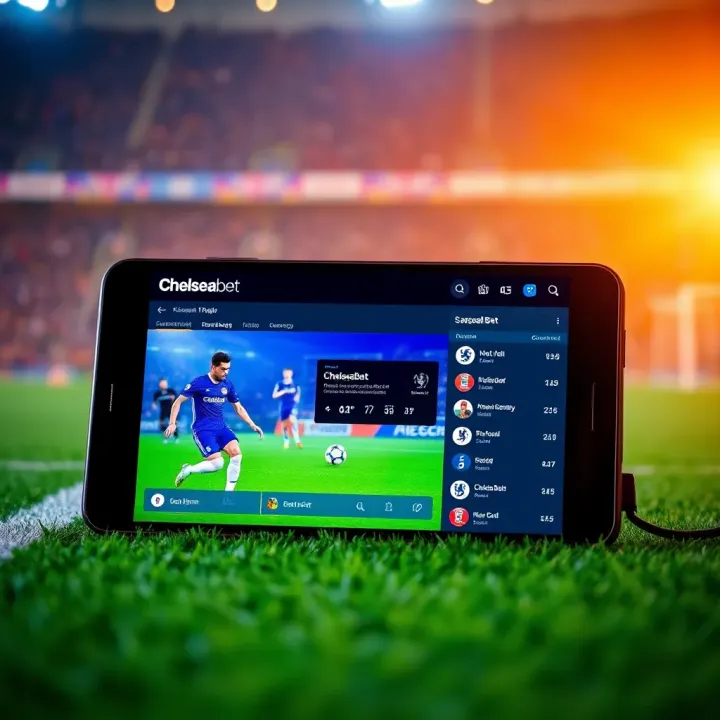 Live soccer match streaming on a digital device with ChelseaBet interface displaying real-time odds