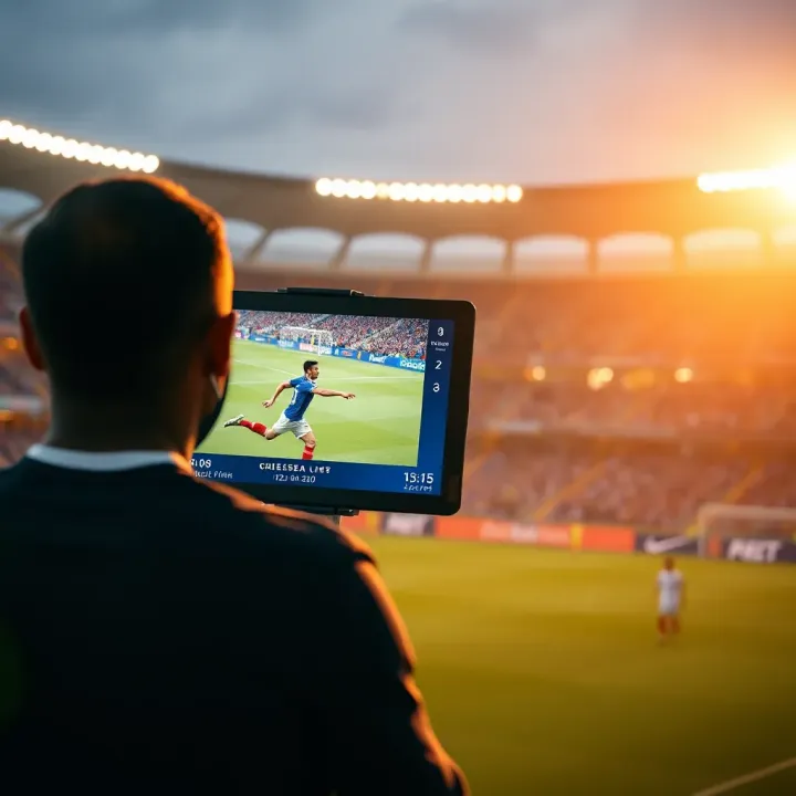Viewer watching live football match on digital device with betting odds displayed