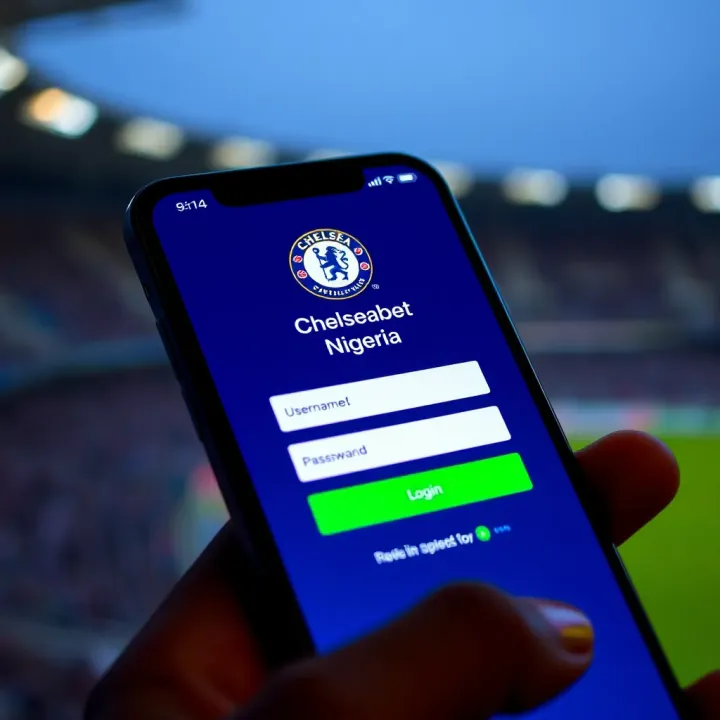 Chelseabet Nigeria App Login Interface Mobile phone showing Chelseabet Nigeria app login screen with username and password fields