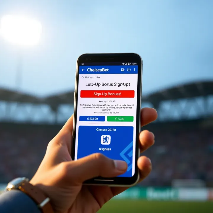 Illustration showing a mobile phone displaying the ChelseaBet sign-up bonus notification with Nigerian currency symbols