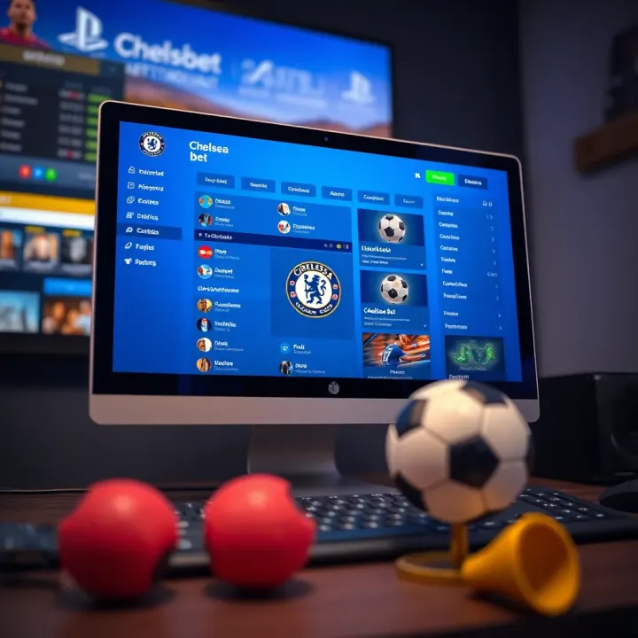 Desktop computer displaying the Chelseabet app interface with betting options and navigation menu