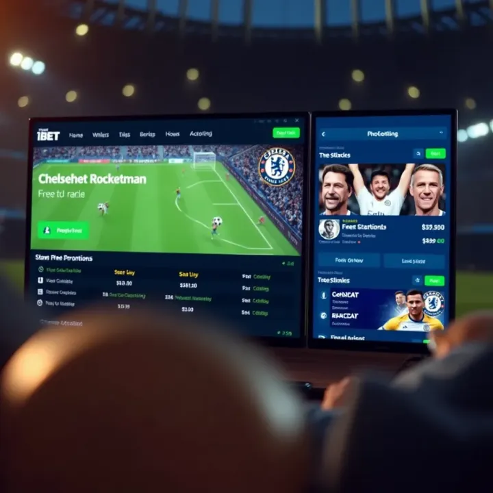 Football betting interface showing Chelseabet Rocketman Free promotion details on screen
