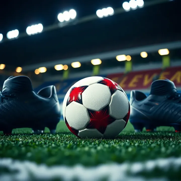 Close-up of football boots and ball on green pitch under stadium lights