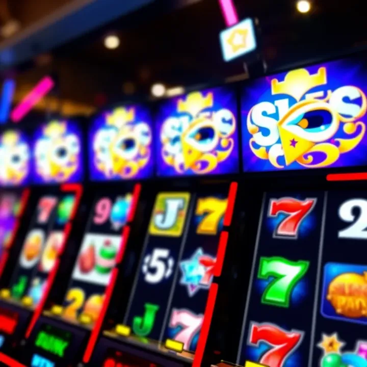Colorful digital slot machine interface with bright symbols and spinning reels