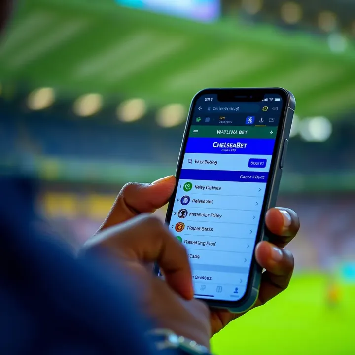 Mobile phone displaying ChelseaBet USSD menu on screen
