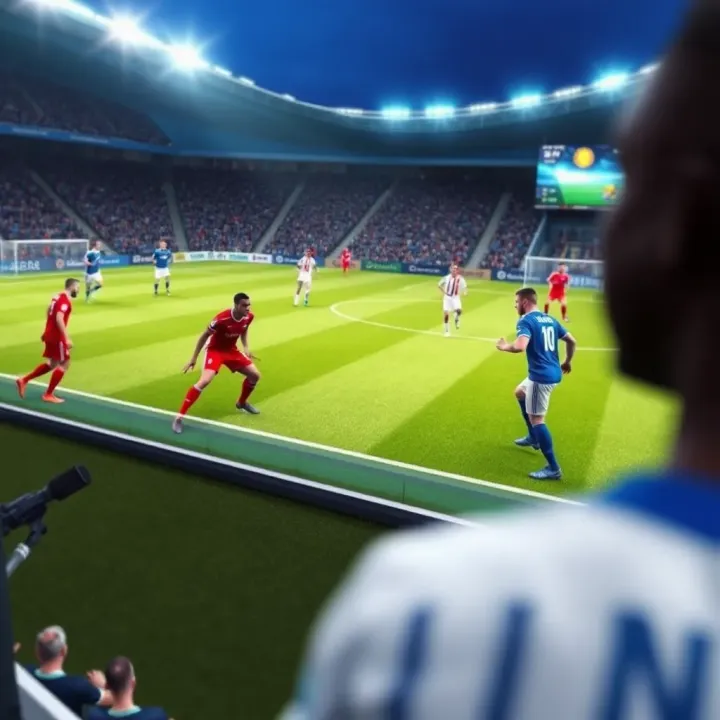 Digital representation of a virtual football match in progress with dynamic graphics