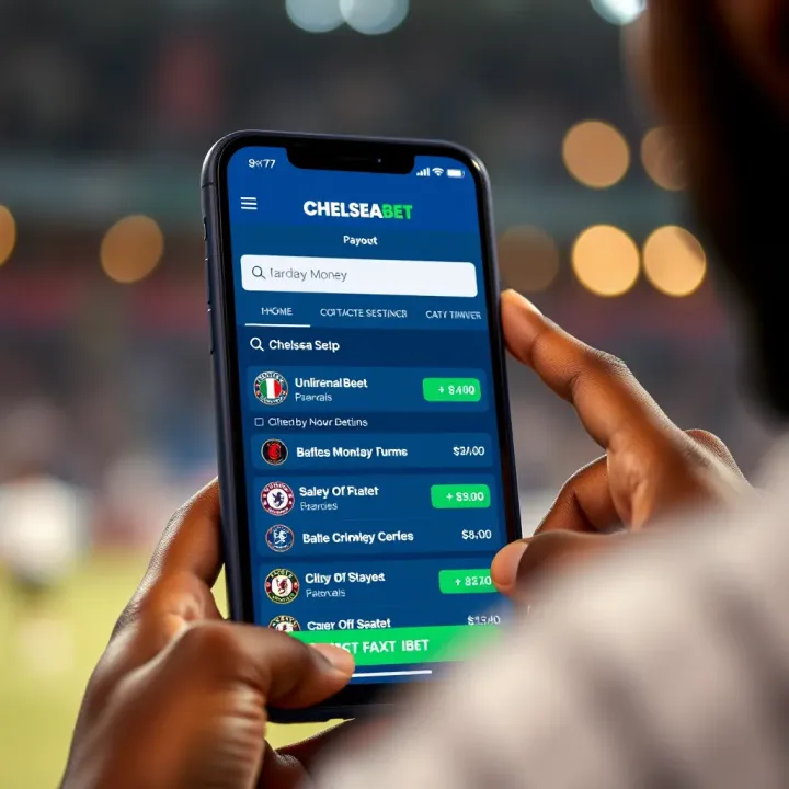 Mobile phone displaying ChelseaBet app withdrawal screen with payout options in Nigeria