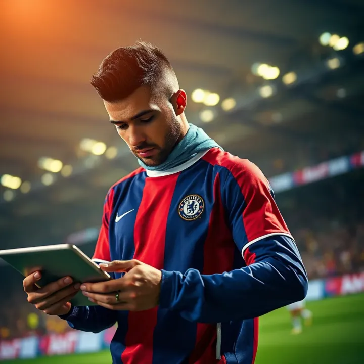 Professional football player analyzing game statistics on a digital tablet