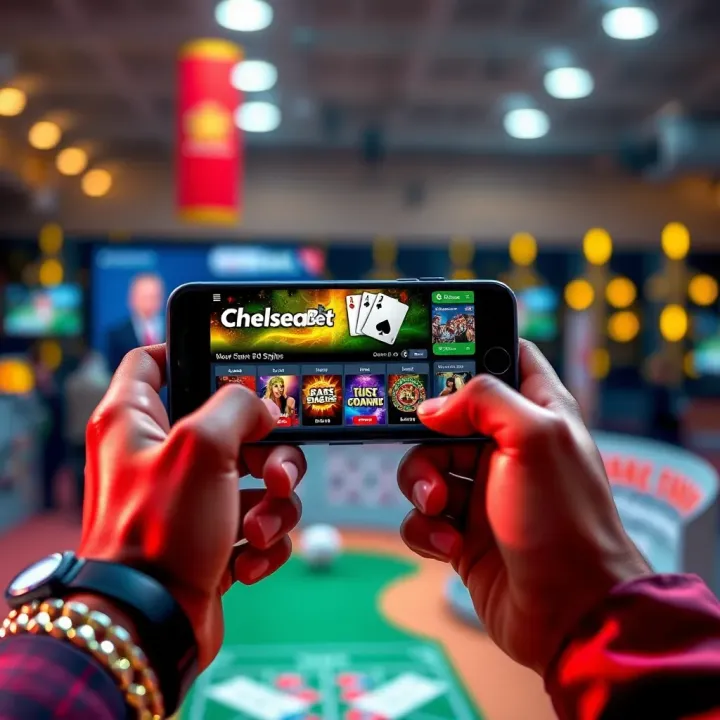 Hands holding a mobile device displaying ChelseaBet online casino platform