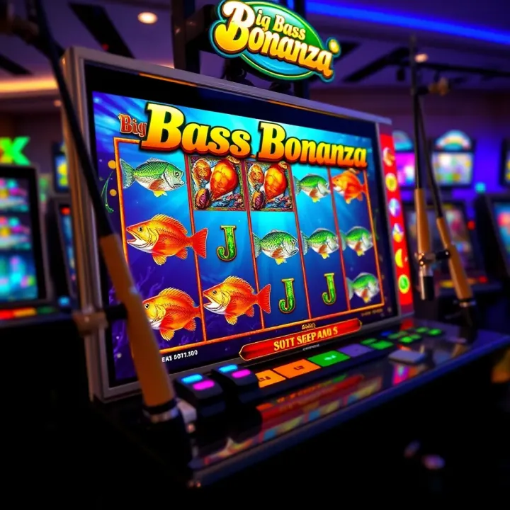 Big Bass Bonanza slot game screen showing colorful underwater theme with fish and fishing rods