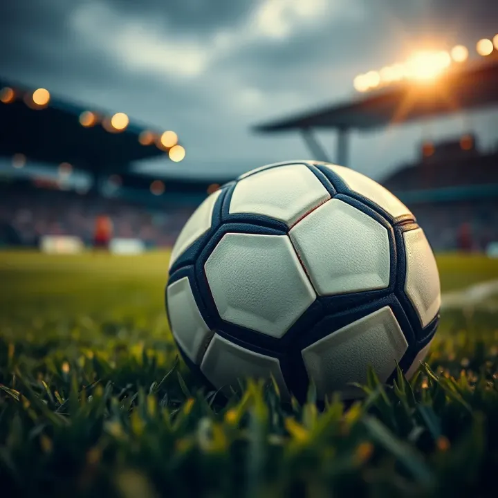 Close-up of a soccer ball on green grass with a stadium blurred in the background