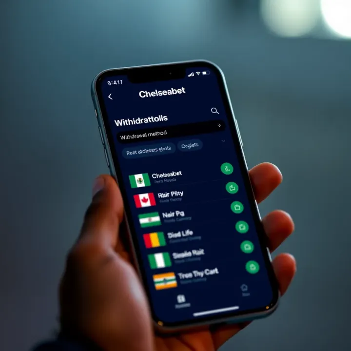 Mobile phone screen displaying Chelseabet app withdrawal options with Nigerian Naira currency