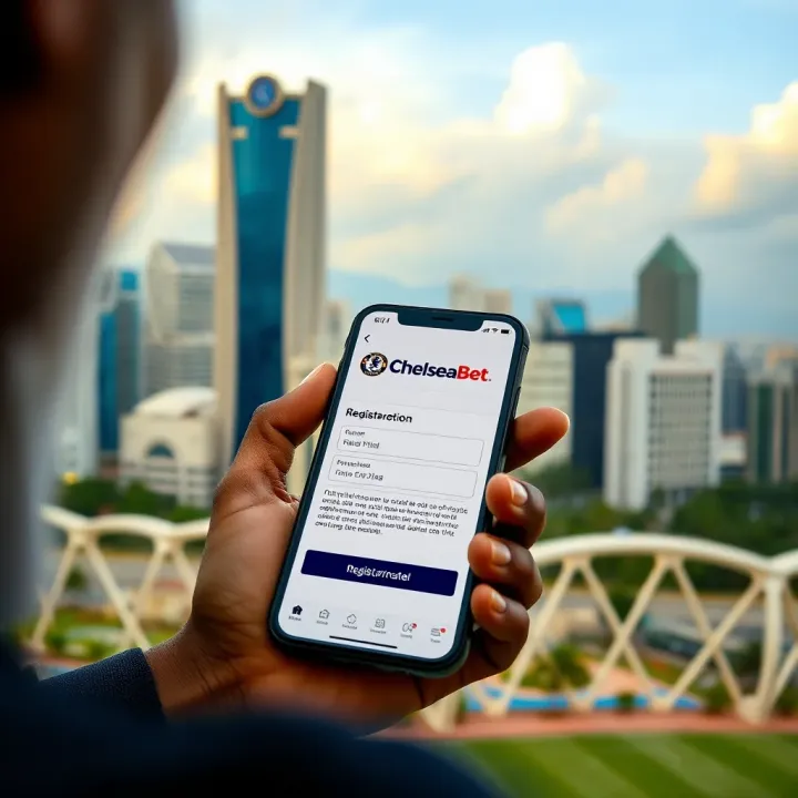 Illustration of Lagos city skyline with mobile phone showing registration confirmation on screen