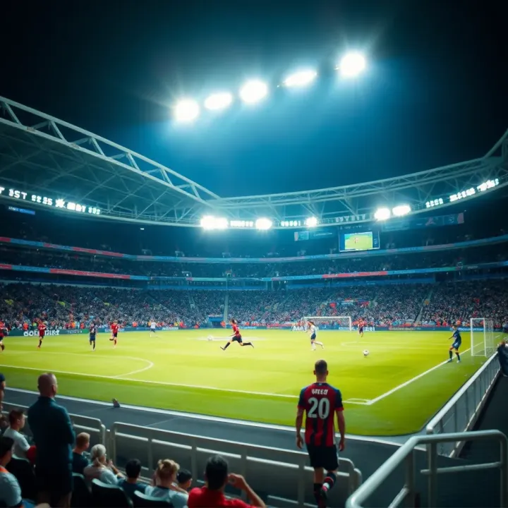 Live Football Action in the Stadium Football stadium lit up during a match with players actively competing and fans engaged