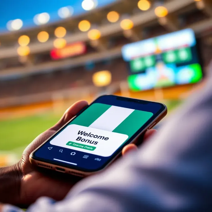 Illustration of a smartphone screen showing a welcome bonus offer with a Nigerian flag and currency symbols