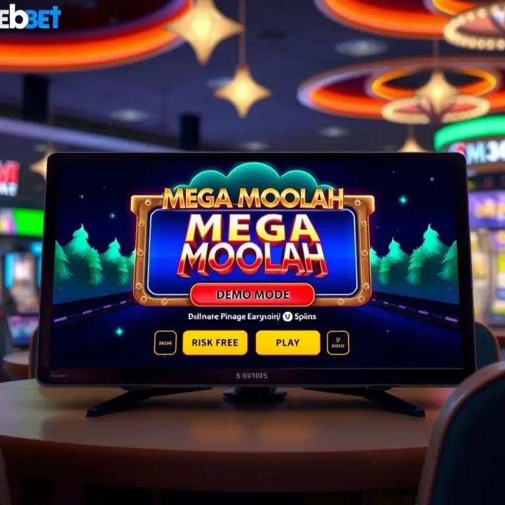 Screen displaying the Mega Moolah demo mode highlighting risk-free play option and game features
