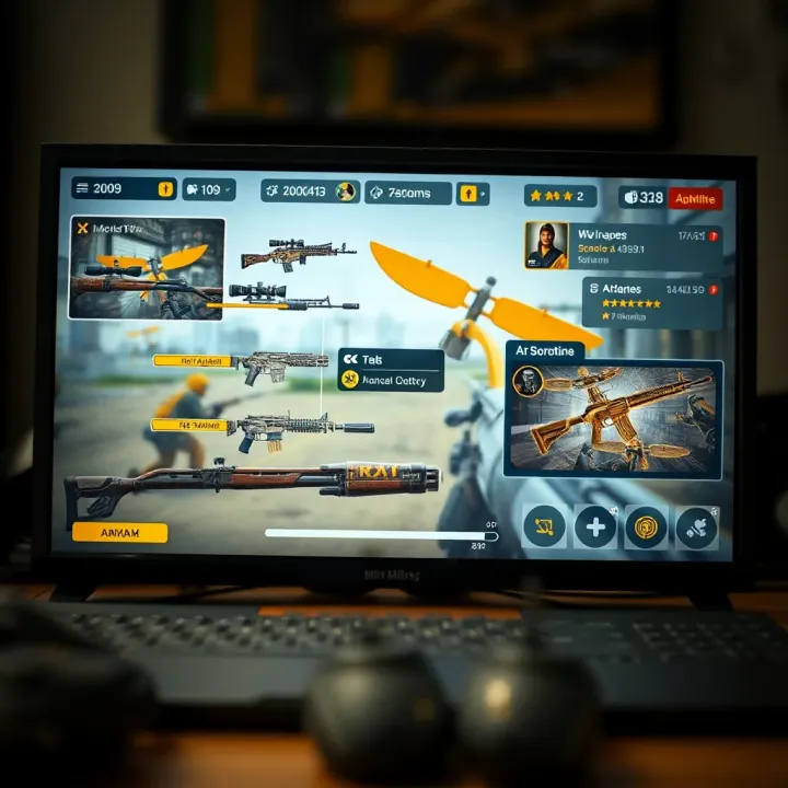 Detailed user interface displaying weapons, health bars, and multiplayer chat features