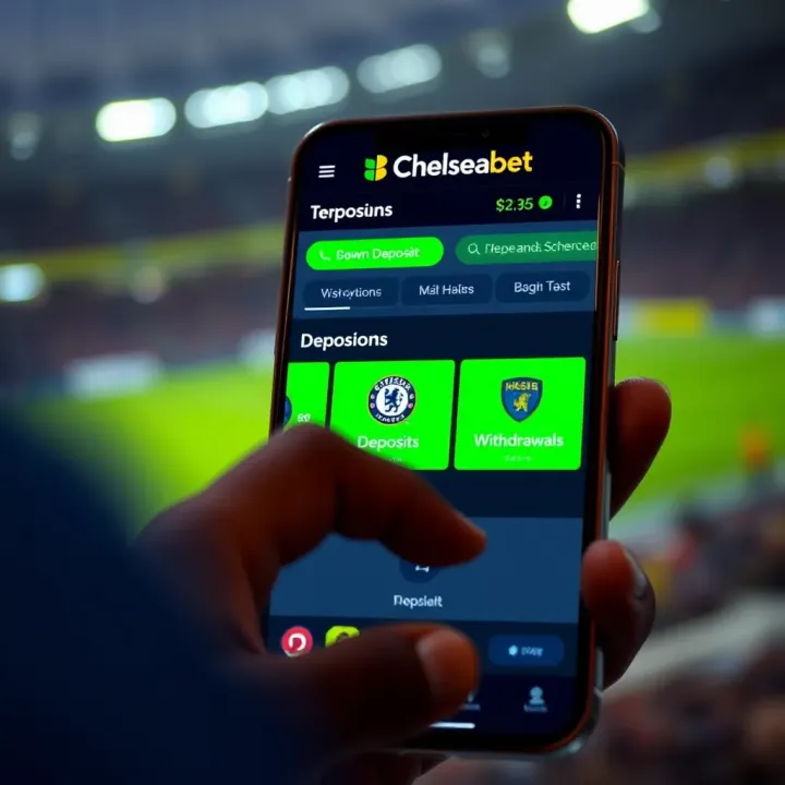 User navigating Chelseabet mobile site with icons for deposits and withdrawals