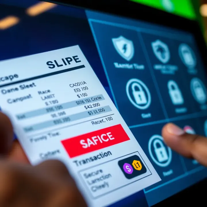 Close-up of betting slip and lottery ticket on a digital screen with secure transaction symbols