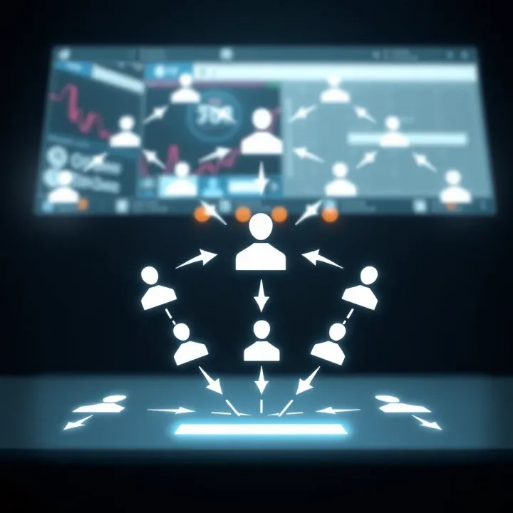 Illustration showing a network of users connected with arrows symbolizing referral invitations on a digital platform