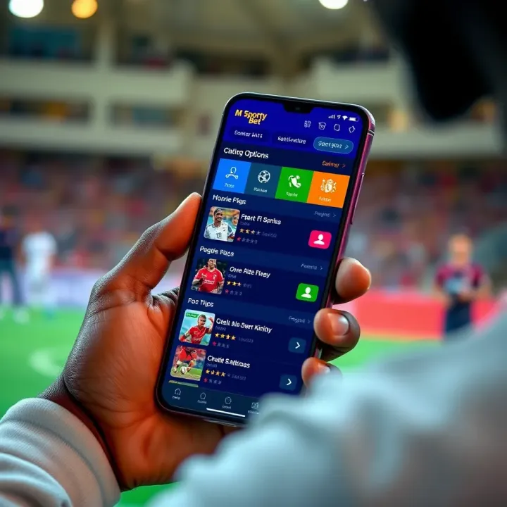 Mobile phone screen displaying M Sporty Bet app interface with various sports betting options